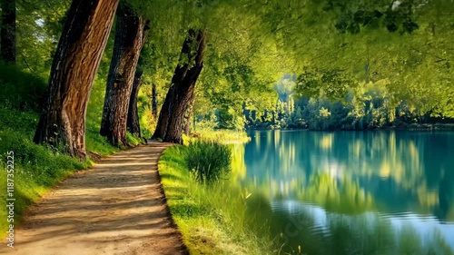 Path runs along the edge of a body of water. Trees are visible along the path. The water is calm and clear