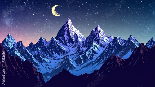 Mountain range with a large moon in the sky. The moon is in the middle of the mountains