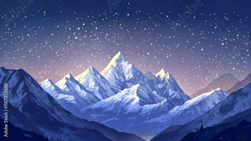 Mountain range with snow on the peaks. The mountains are in the distance. The sky is dark and starry