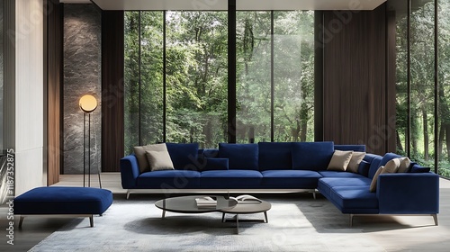 Modern sofa in rich cobalt blue with deep, plush seating and sleek metal frame 