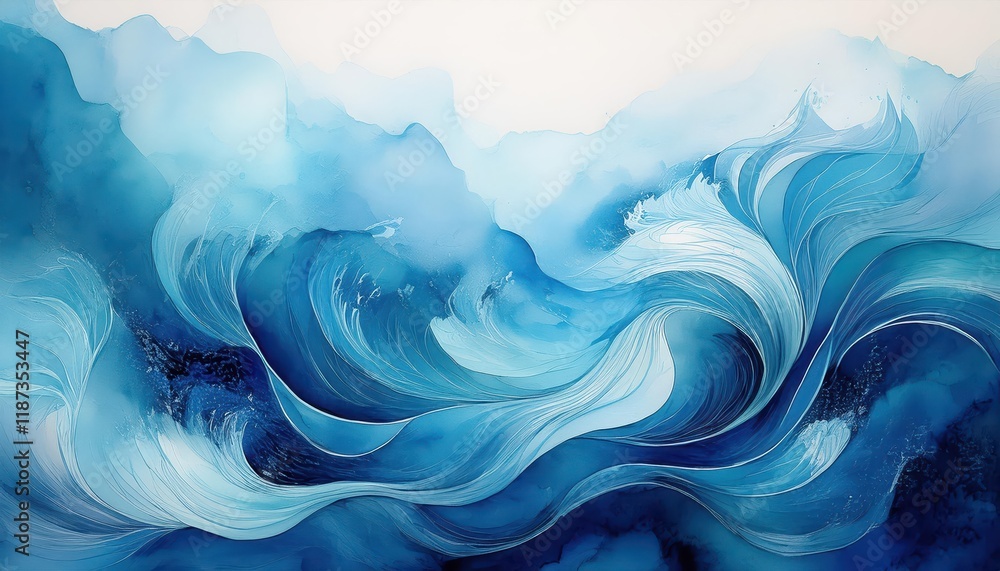 Intricate Blue Wave Watercolor Abstraction, Swirling Oceanic Patterns Blending Bold Hues and Textures for a Vibrant Artwork Intricate Blue Wave Watercolor Abstraction, Swirling Oceanic Patterns Blending Bold Hues and Textures for a Vibrant Artwork