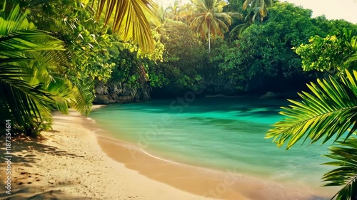 Beautiful beach with a blue ocean and palm trees. The water is calm and the sun is shining brightly