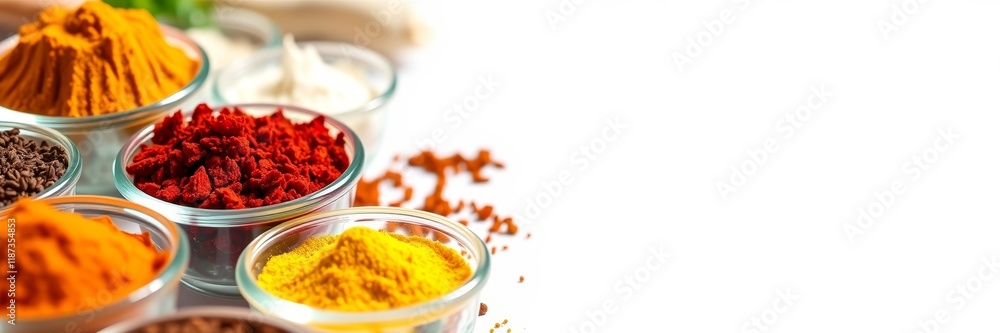 Vibrant Spice Powders in Glass Bowls for Culinary Diversity with Copy Space Vibrant Spice Powders in Glass Bowls for Culinary Diversity with Copy Space