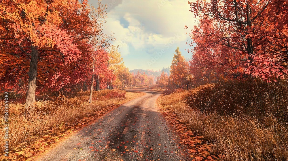 Fototapeta premium Painting of a dirt road surrounded by trees with orange and red leaves on trees and green grass on both sides of the road