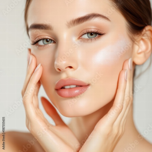 Radiant beauty close-up, soft lighting, dewy skin, highlighting natural elegance and serene expression.