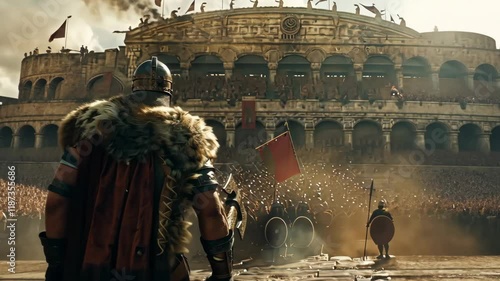Viking walking into a arena.