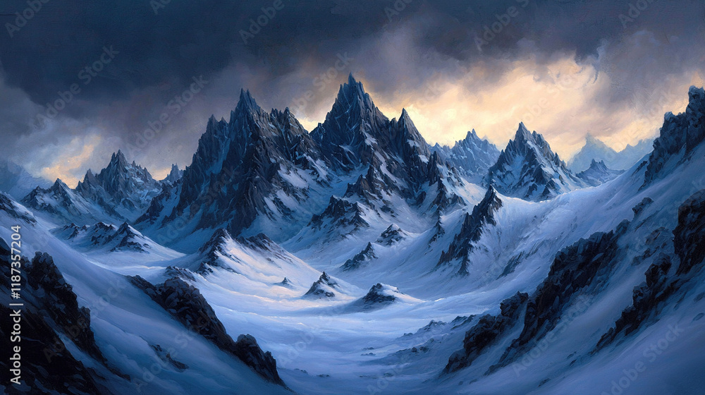 Obraz premium A mountain range painted in snow under a cloudy sky with dark clouds above