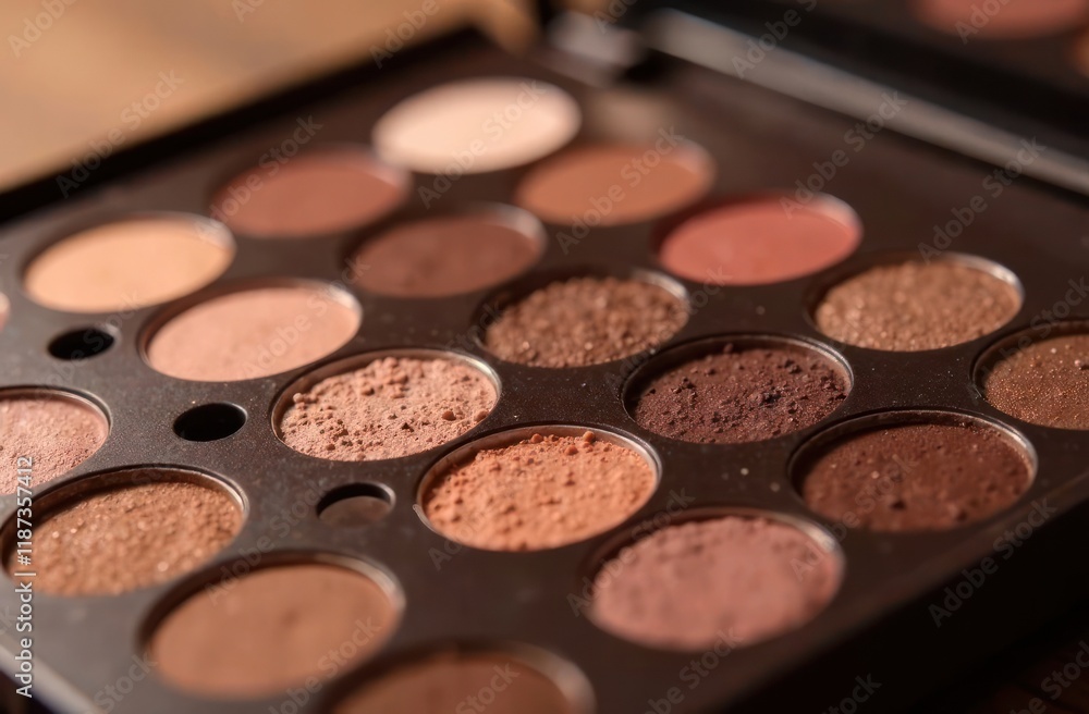 closeup of makeup palette with various shades of brown eyeshadows. beauty and cosmetic concept in mocha mousse tones - color of the year 2025. fashion blog poster, product advertising. closeup of makeup palette with various shades of brown eyeshadows. beauty and cosmetic concept in mocha mousse tones - color of the year 2025. fashion blog poster, product advertising.