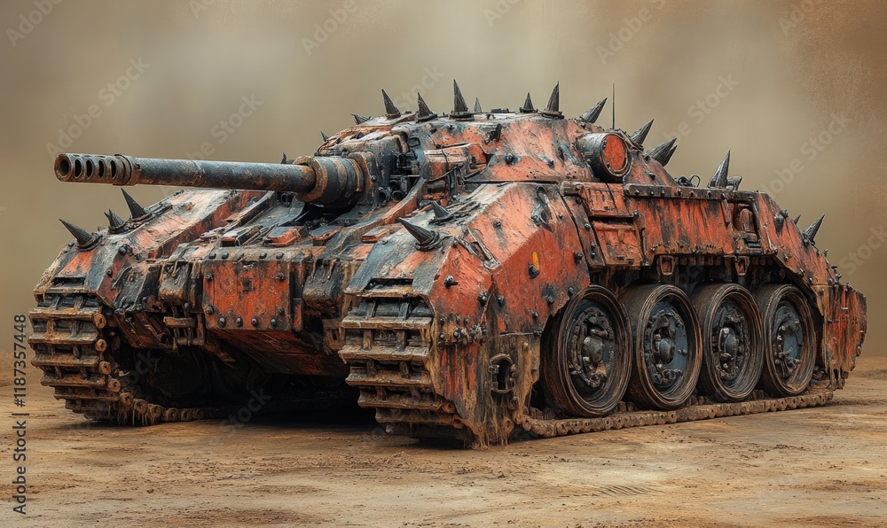 Fototapeta premium Rusty, spiked war tank on desert.