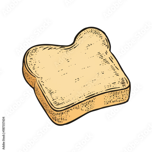 A hand-drawn cartoon-style illustration of a slice of toast bread. Golden edges with a soft, fluffy center, isolated on a white background