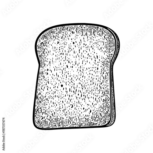 A hand-drawn cartoon-style illustration of a slice of toast bread. Golden edges with a soft, fluffy center, isolated on a white background