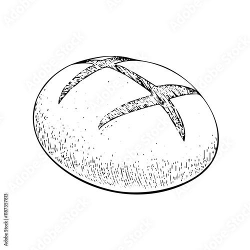 Loaf of bread vector illustration in a hand-drawn style. Rustic cartoon design of fresh bread with a crust, isolated on a white background
