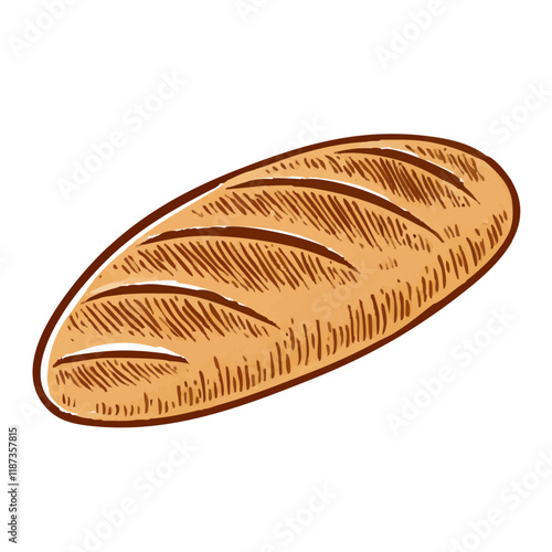 Loaf of bread vector illustration in a hand-drawn style. Rustic cartoon design of fresh bread with a crust, isolated on a white background