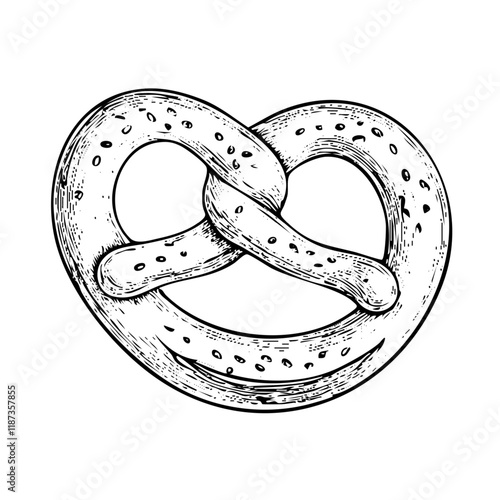 A hand-drawn cartoon-style illustration of a traditional pretzel. Golden-brown, twisted dough with a glossy surface and coarse salt sprinkled on top, isolated on a white background