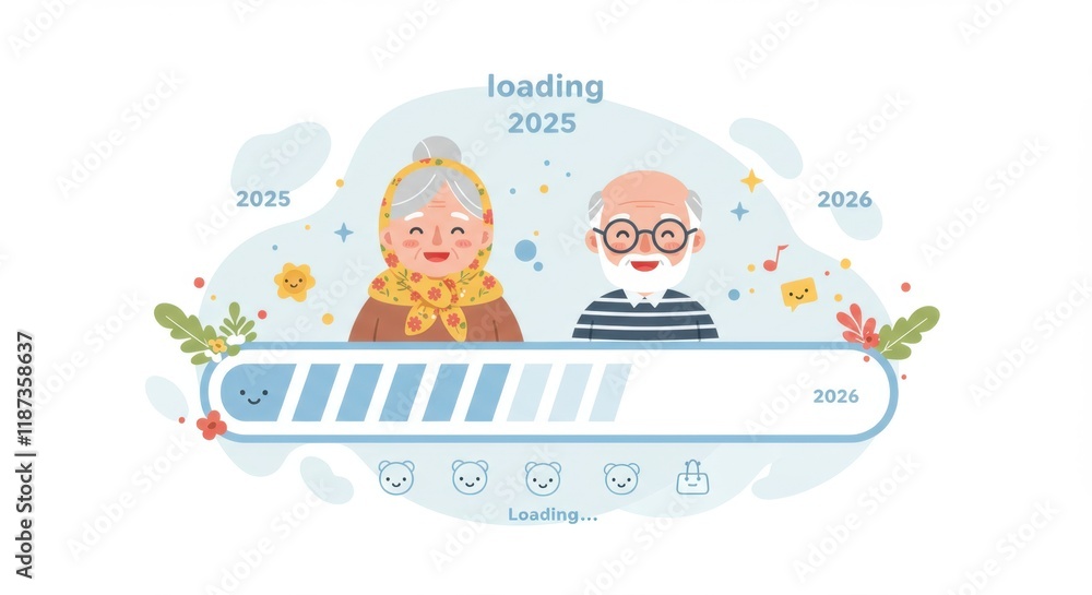 Smiling elderly couple anticipating 2025 with progress bar and cheerful icons Smiling elderly couple anticipating 2025 with progress bar and cheerful icons