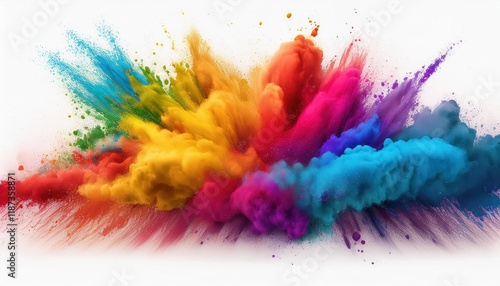 Vibrant Rainbow Explosion Panorama Holi Celebration Paint Splashes Wide White Canvas in Stunning Spectacle photo