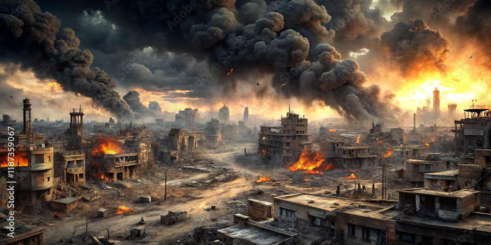 Smoke billows from burning buildings in a war-torn city as the sun sets, casting an eerie glow over the destruction. Ruined structures line the empty streets, creating a haunting atmosphere Smoke billows from burning buildings in a war-torn city as the sun sets, casting an eerie glow over the destruction. Ruined structures line the empty streets, creating a haunting atmosphere