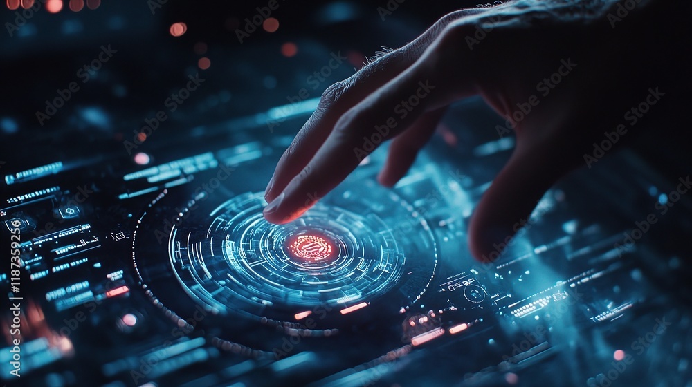 Man Interacting with Futuristic Holographic Interface Technology Man Interacting with Futuristic Holographic Interface Technology
