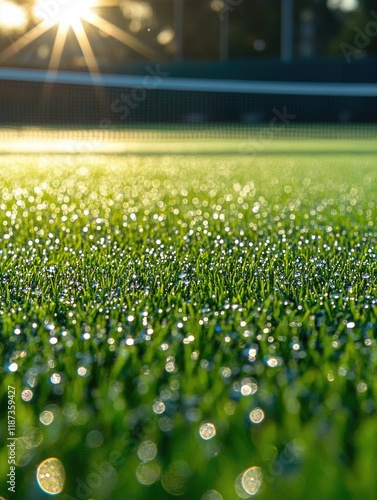 Field of grass with a sun shining on it. The sun is casting a bright light on the grass, making it look like it's sparkling