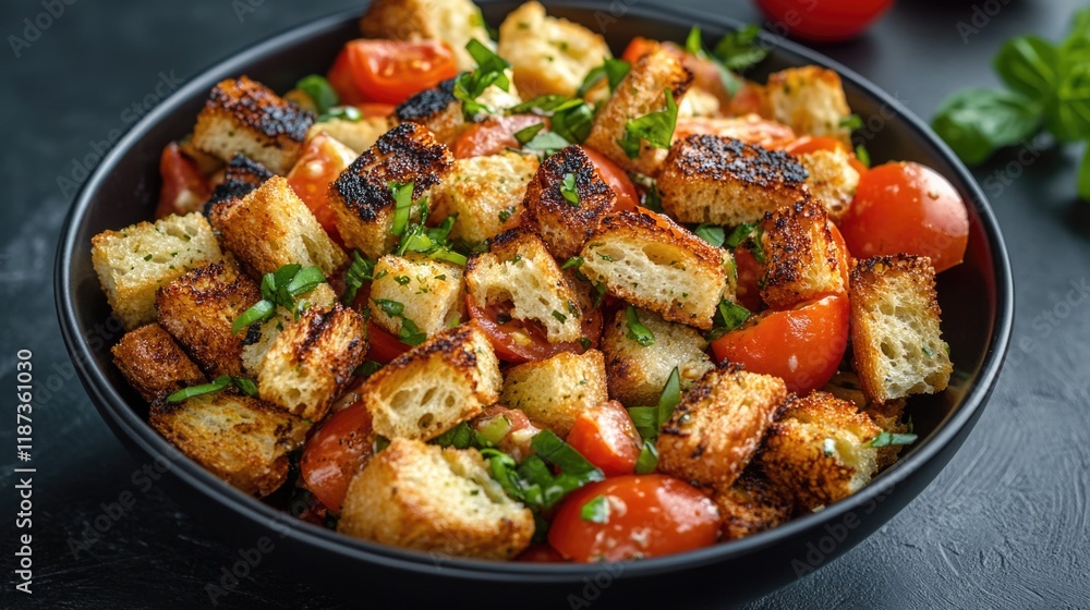 Black bowl filled with bread crumbs and tomatoes. The bread crumbs are brown and the tomatoes are red Black bowl filled with bread crumbs and tomatoes. The bread crumbs are brown and the tomatoes are red