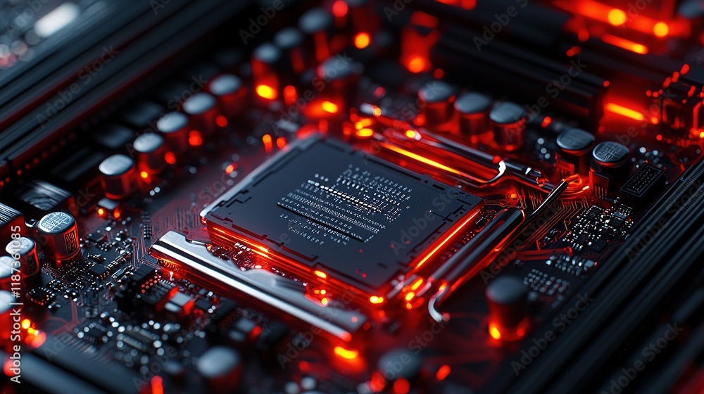 Obraz premium Close-up of a CPU Chip with Intricate Circuitry and Red Lines