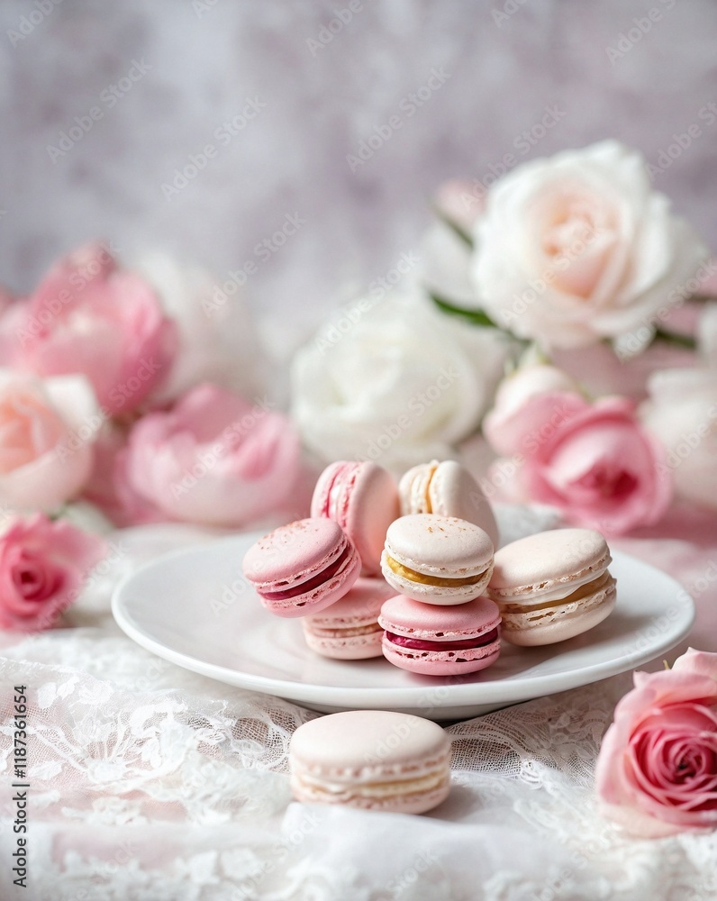 Pink and White Macarons on Delicate Lace Tablecloth with Roses in the Background Pink and White Macarons on Delicate Lace Tablecloth with Roses in the Background