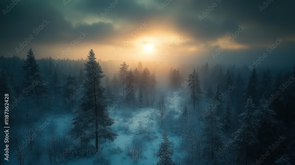 Naklejka premium Misty winter sunrise over snowy forest.
