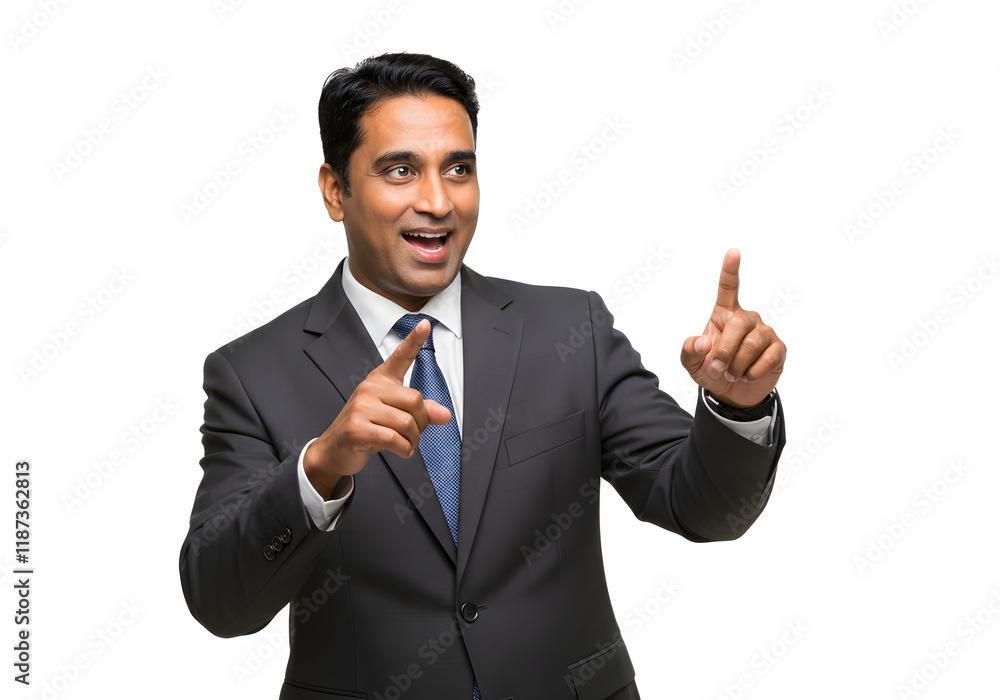 Handsome smiling male executive pointing his finger Handsome smiling male executive pointing his finger