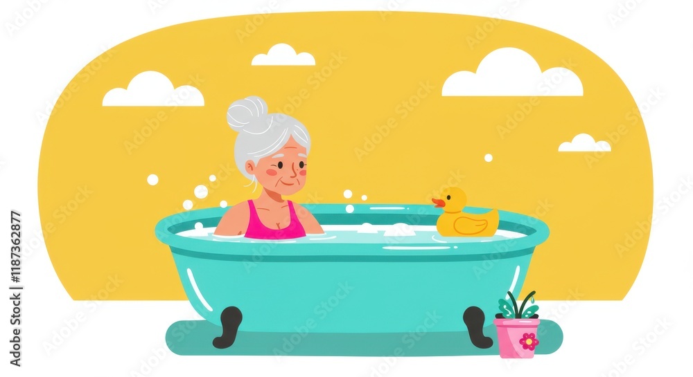 Elderly woman relaxing in bathtub with rubber duck in colorful cartoon scene Elderly woman relaxing in bathtub with rubber duck in colorful cartoon scene