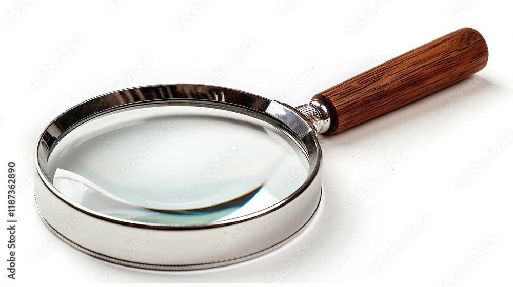 A magnifying glass on a table isolated on white background A magnifying glass on a table isolated on white background