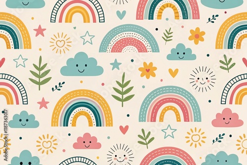 Happy rainbows, clouds, sun pattern, textile design