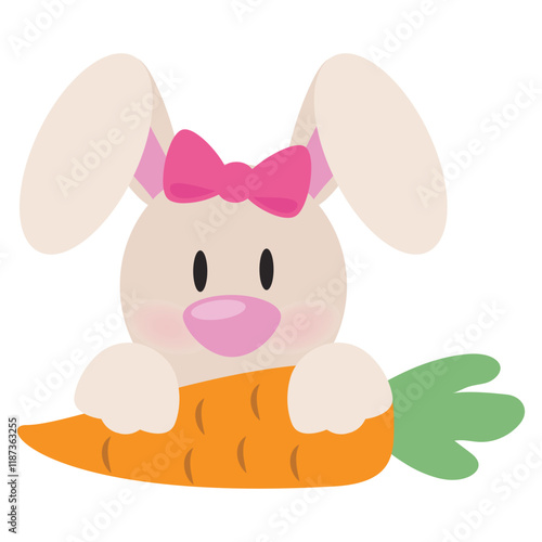 Cute peeking Easter bunny girl   with carrot vector cartoon illustration