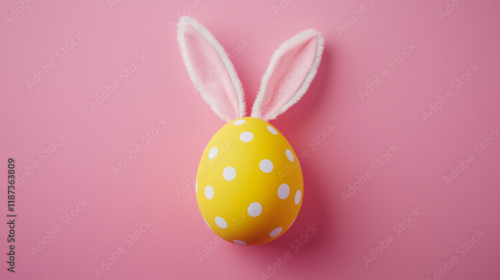 yellow polka-dot egg with white bunny ears on a pastel pink background, top view. Easter egg and bunny concept. Flat lay, minimalistic yellow polka-dot egg with white bunny ears on a pastel pink background, top view. Easter egg and bunny concept. Flat lay, minimalistic