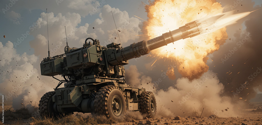 Obraz premium A mobile artillery unit unleashes a powerful shell, causing a large explosion in the background. Dust and debris surround the area, highlighting the intensity of the military exercise