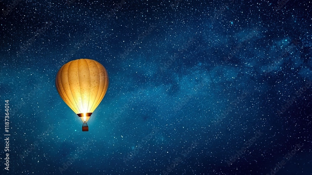 Obraz premium A hot air balloon flies in the sky, surrounded by a star-filled night sky Stars can be seen in both the foreground and background of the image