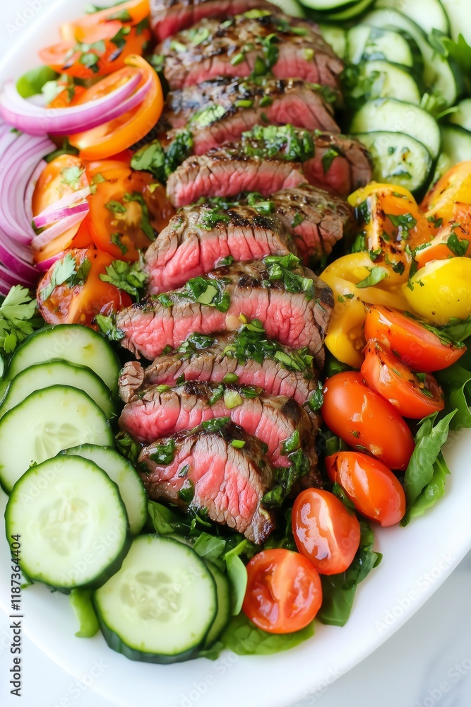 vibrant platter of Thai-inspired steak salad featuring juicy slices of grilled beef, fresh cucumbers, cherry tomatoes, red onions, and mixed greens vibrant platter of Thai-inspired steak salad featuring juicy slices of grilled beef, fresh cucumbers, cherry tomatoes, red onions, and mixed greens