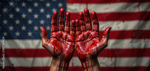 Two hands raised together with vivid red paint, symbolizing a call for awareness and justice, set against the American flag in a powerful protest setting photo