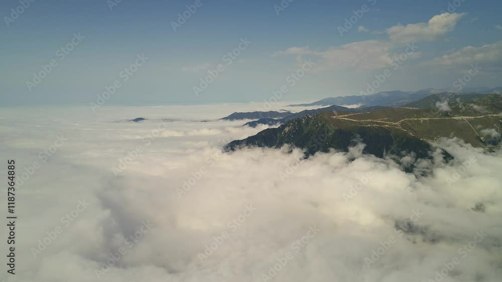A mesmerizing aerial view of a mountain hidden among the clouds, surrounded by lush green forests. Perfect for nature, landscape, and tranquility-themed projects. A mesmerizing aerial view of a mountain hidden among the clouds, surrounded by lush green forests. Perfect for nature, landscape, and tranquility-themed projects.