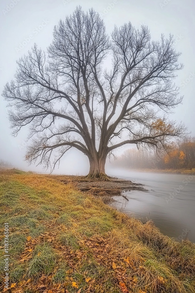 Tree with no leaves is standing in a field. The sky is overcast and the air is foggy Tree with no leaves is standing in a field. The sky is overcast and the air is foggy