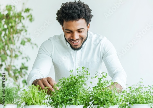 Young Professional Enjoying Office Plant Care in Modern Workspace photo