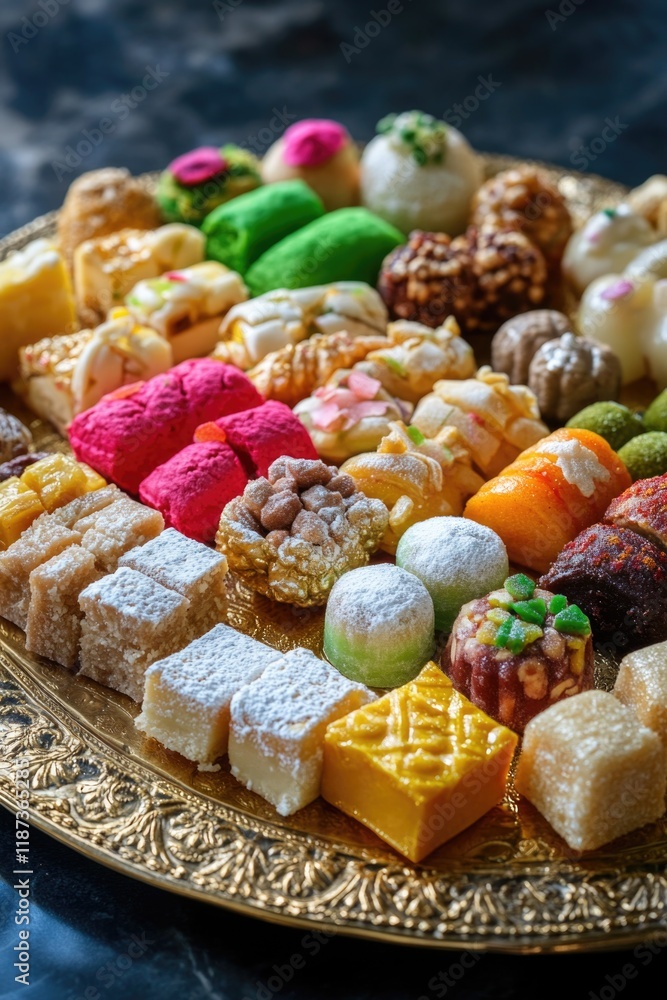 Tray of assorted desserts with a variety of colors and shapes. The tray is made of gold and is placed on a black surface. The desserts include cakes, cookies, and other sweet treats Tray of assorted desserts with a variety of colors and shapes. The tray is made of gold and is placed on a black surface. The desserts include cakes, cookies, and other sweet treats