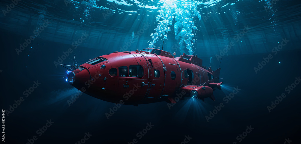 A striking red exploration vehicle navigates the dark depths of the ocean, surrounded by bubbles and illuminated by bright lights A striking red exploration vehicle navigates the dark depths of the ocean, surrounded by bubbles and illuminated by bright lights
