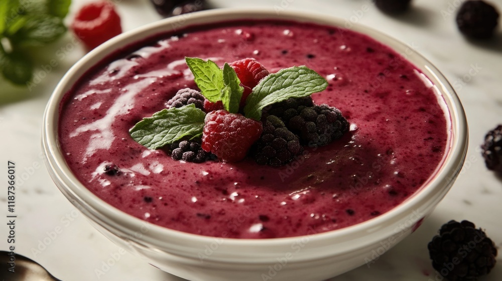 Bowl of red fruit smoothie with blackberries and mint. The bowl is white and the fruit is fresh and colorful Bowl of red fruit smoothie with blackberries and mint. The bowl is white and the fruit is fresh and colorful