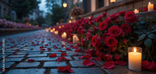 Fototapeta Naklejka Na Ścianę i Meble -  A serene cobblestone walkway is adorned with vibrant red roses and flickering candles, creating a romantic atmosphere during twilight hours