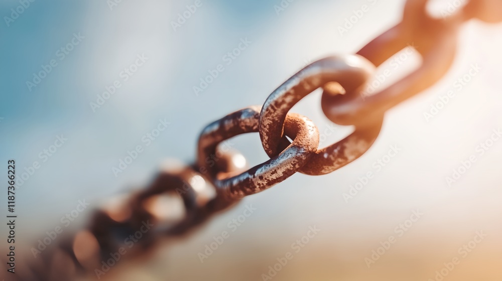 Chain link is shown in a close up. The chain is rusty Chain link is shown in a close up. The chain is rusty