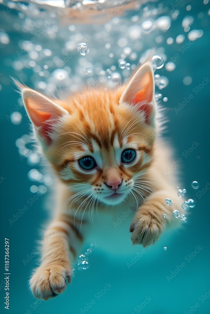 Fototapeta premium Underwater Adventure Playful Tabby Cat Swimming with Finesse