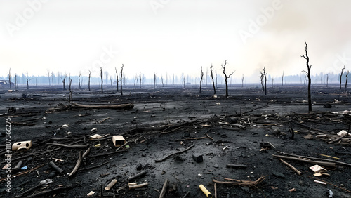 The aftermath of a large-scale fire reveals a desolate landscape, where ash and flames have usurped life, leaving behind destruction and despair. photo