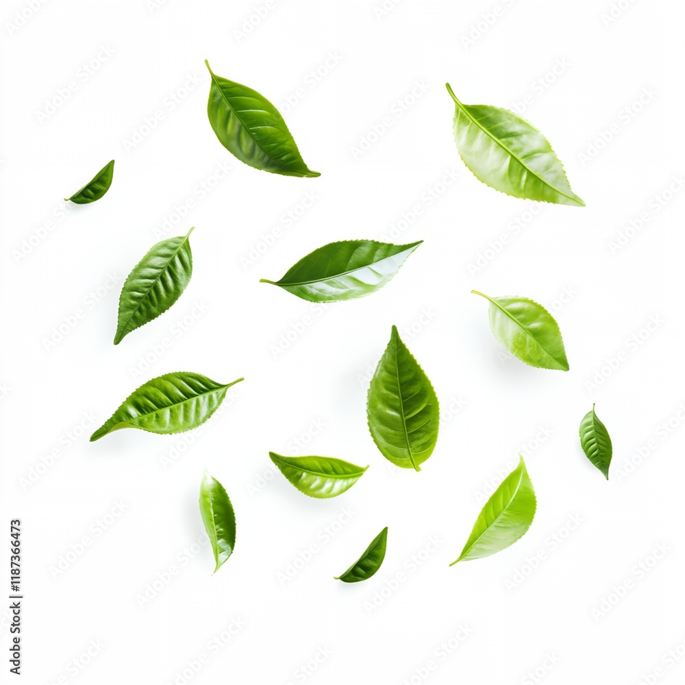 A bunch of green leaves scattered across a white background. The leaves are of different sizes and shapes A bunch of green leaves scattered across a white background. The leaves are of different sizes and shapes