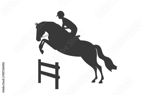 Silhouette of a horse and rider jumping over an obstacle in an equestrian competition 