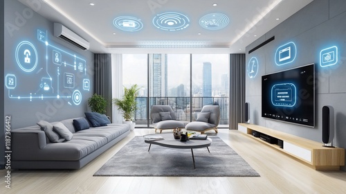 Smart home living room with futuristic interface.